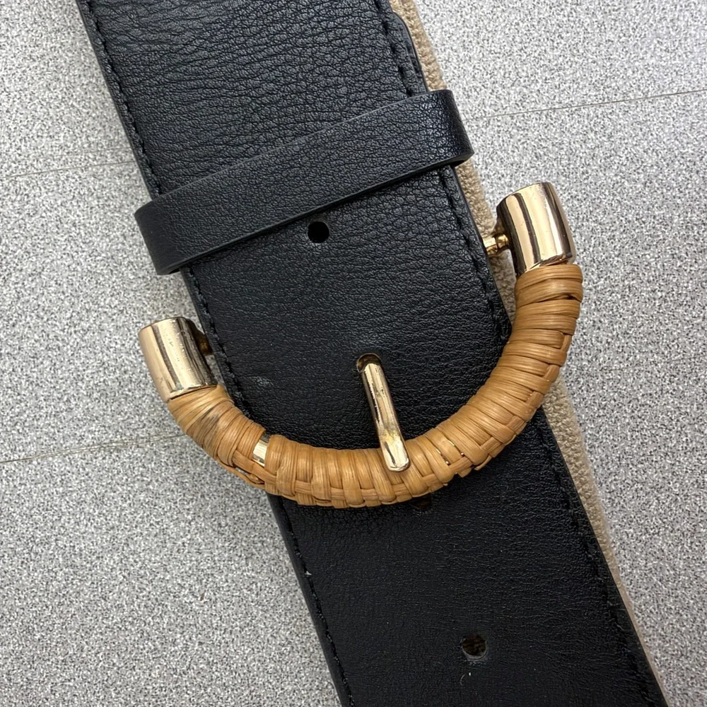 lp blue Belt Womens S/M Tan Black Elastic Wood Buckle Wide Cinch ST52694-2